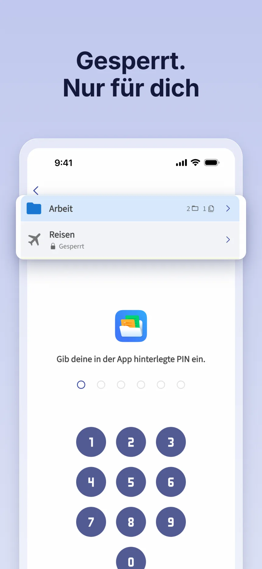 Gesperrter Ordner in Folino: Entsperren mit der in der App festgelegten PIN